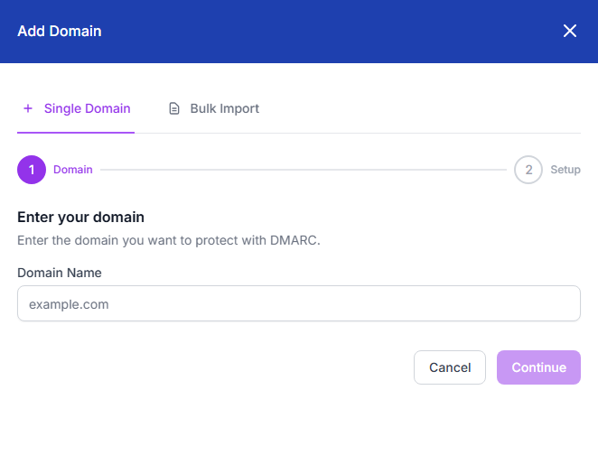 Screenshot: Add Domain slide panel with domain name input